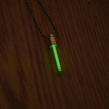 Load image into Gallery viewer, Tritium glow in the dark bright green necklace with a silver coloured cap and stainless steel ball chain.